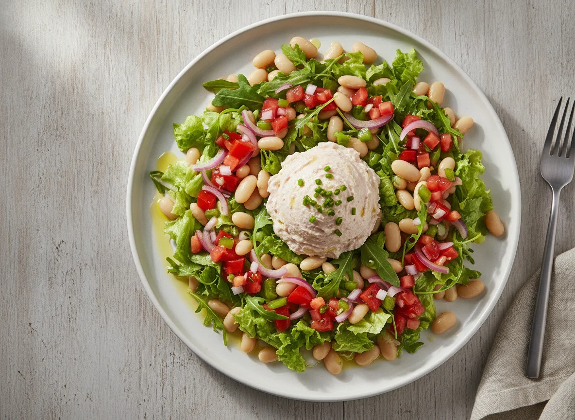 Salada de feijão branco com folhas verdes e patê photo