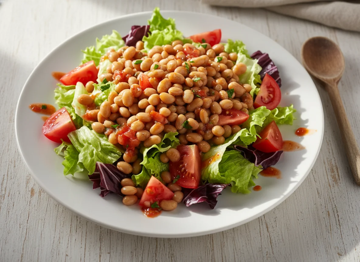 Salada de feijão fradinho com alface e tomate photo