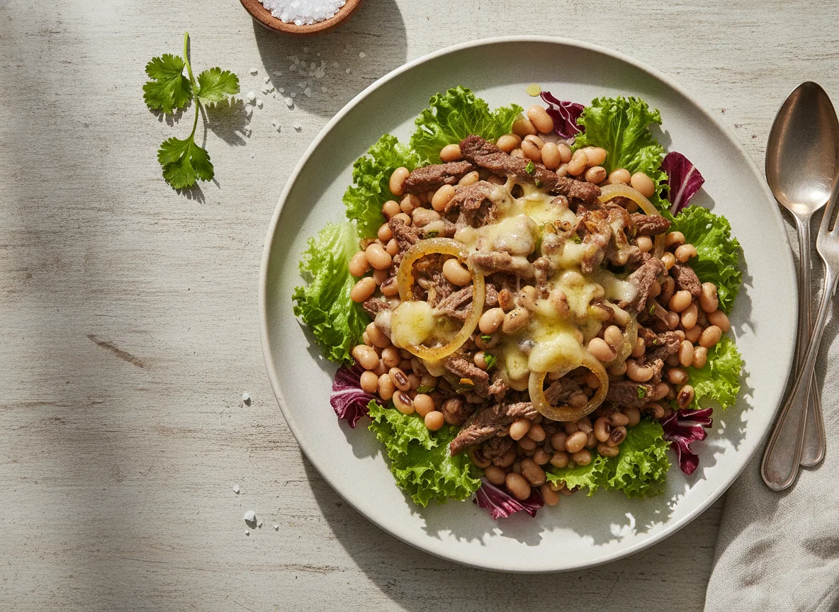 Salada de feijão fradinho com carne acebolada e queijo photo