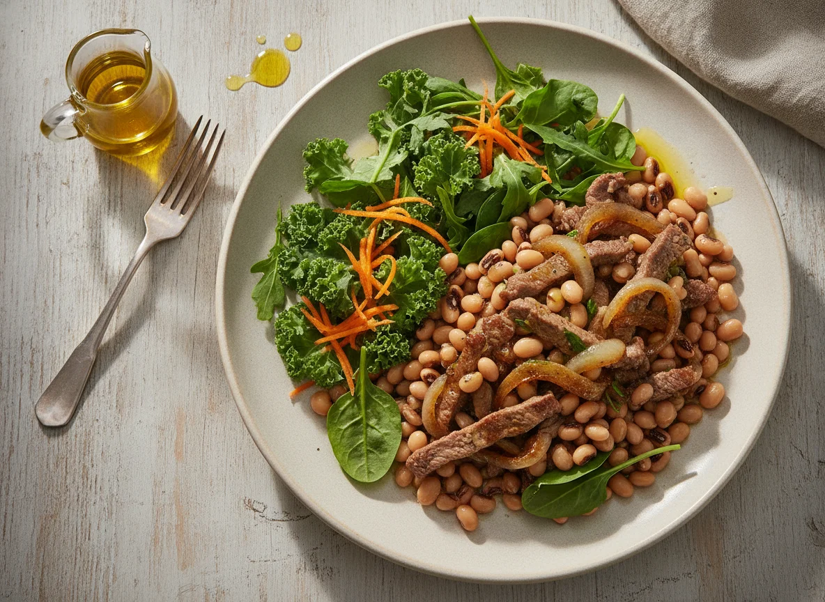 Salada de feijão fradinho com carne acebolada photo
