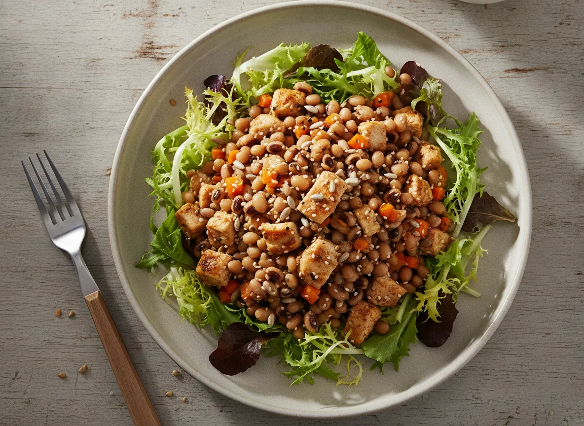 Salada de feijão fradinho com frango e legumes photo