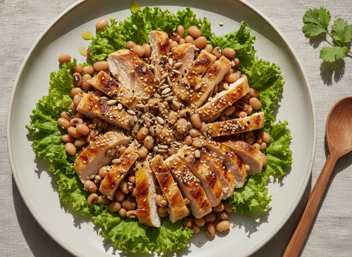 Salada de feijão fradinho com frango grelhado photo