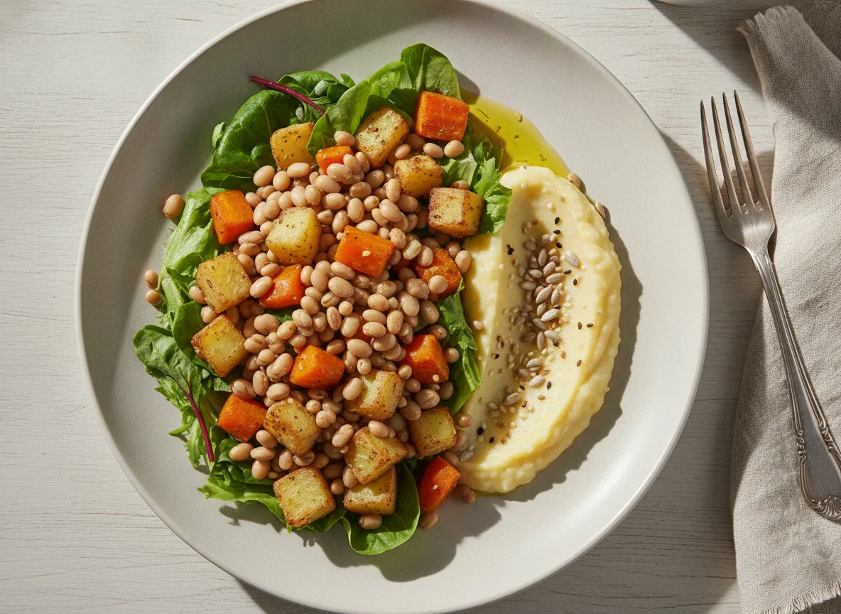 Salada de feijão fradinho com legumes assados e purê photo