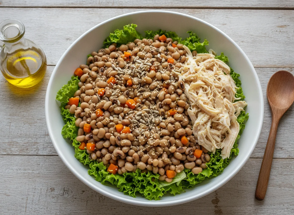 Salada de feijão fradinho com legumes e frango desfiado photo