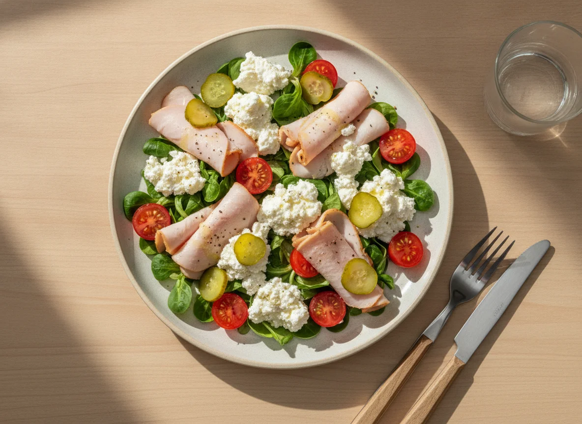 Salada de Fiambre de Peru com Queijo Cottage e Pepinos de Conserva photo