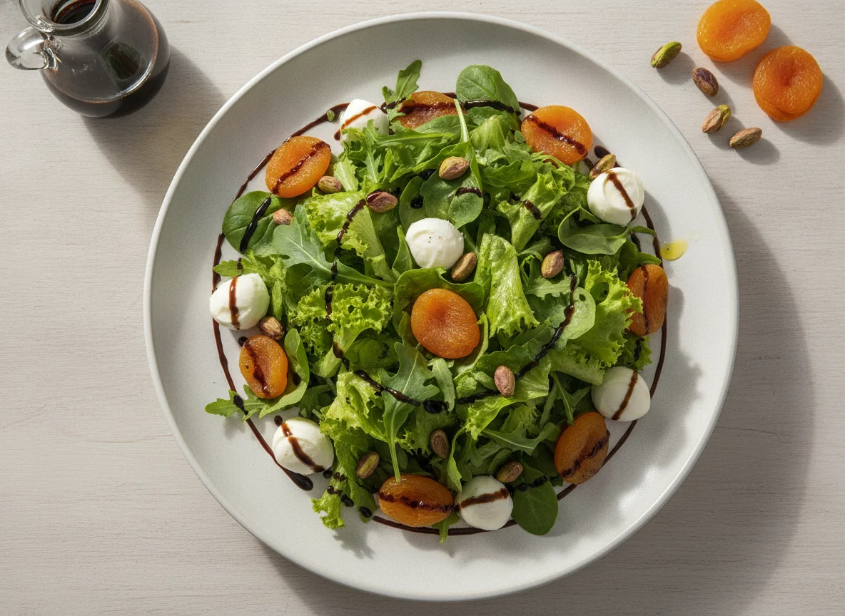 Salada de Folhas com Damasco, Pistache e Muçarela de Búfala photo