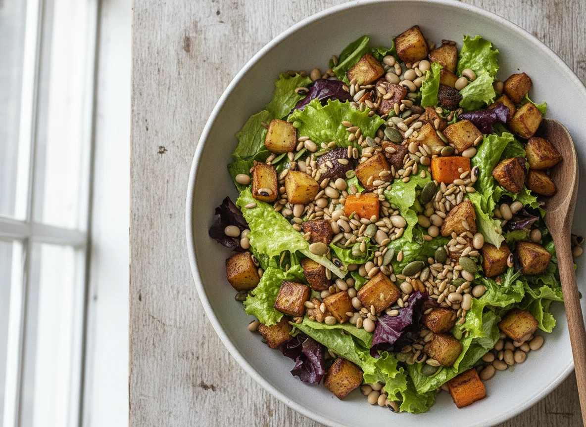 Salada de folhas com legumes assados e sementes photo