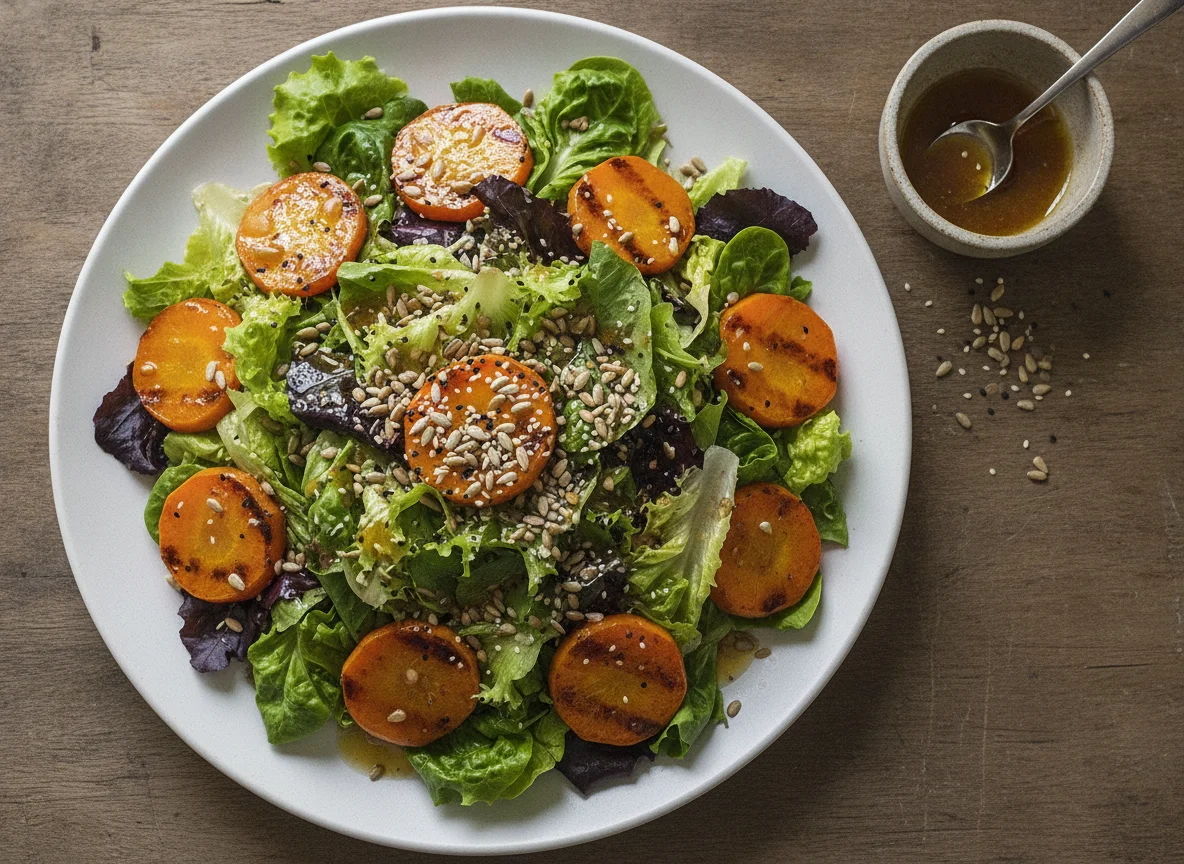 Salada de folhas com legumes grelhados e sementes photo