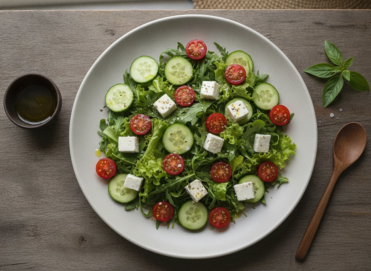 Salada de Folhas com Pepino, Tomate e Queijo photo