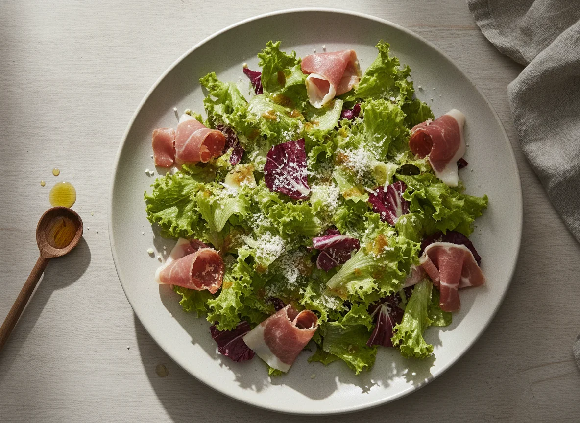 Salada de Folhas com Presunto Cru e Queijo photo
