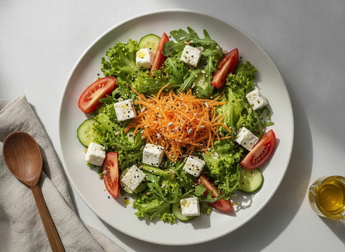 Salada de Folhas com Queijo Branco e Cenoura photo