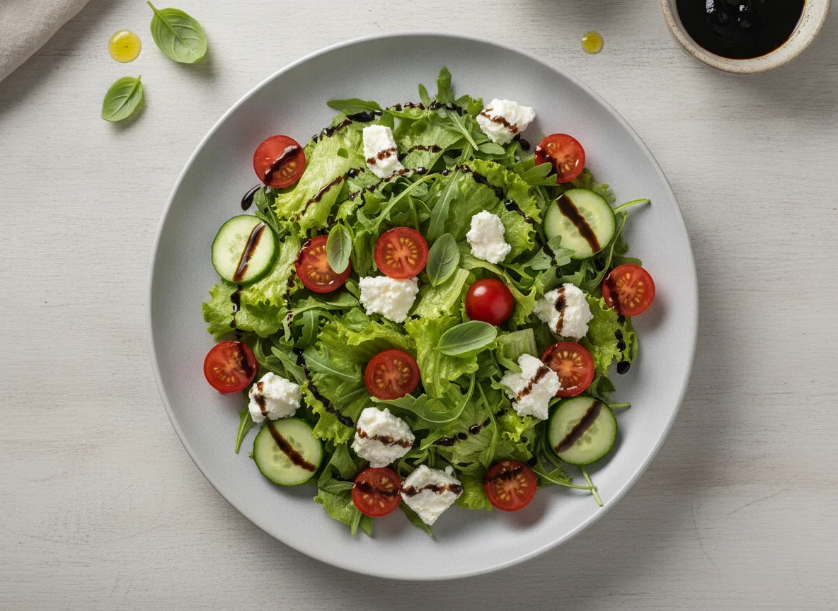 Salada de Folhas com Queijo Branco e Tomate photo