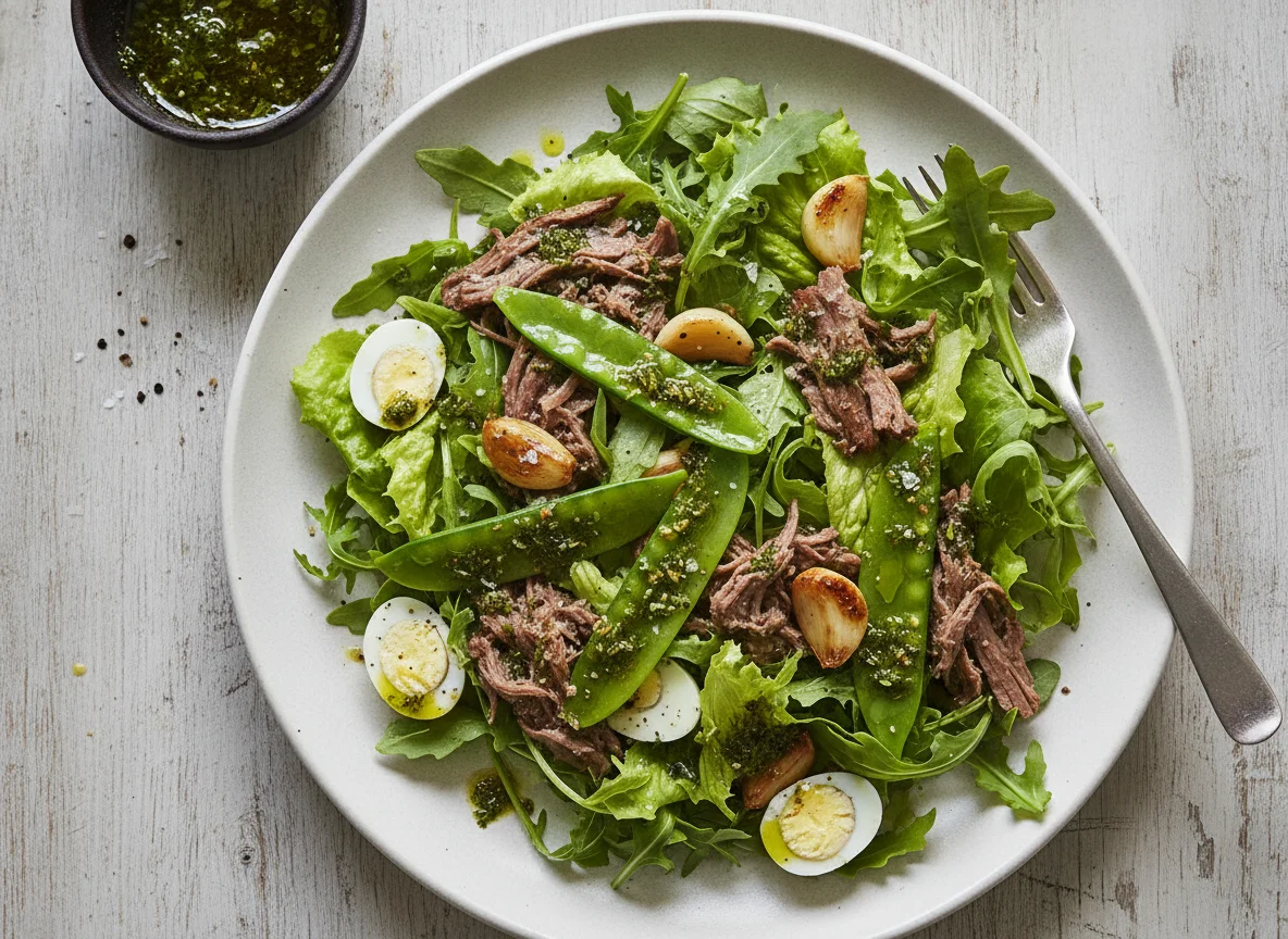 Salada de Folhas Verdes com Carne Desfiada e Ervilha Torta photo