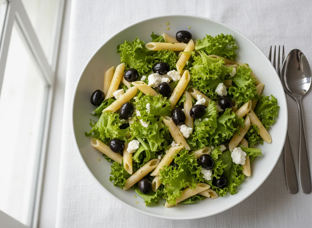 Salada de folhas verdes com massa e azeitonas photo