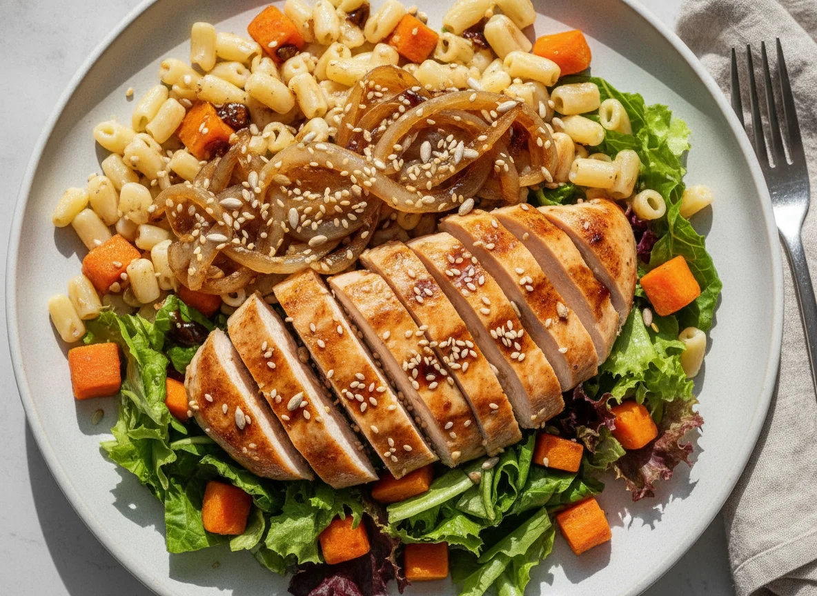 Salada de frango acebolado com macarrão e sementes photo