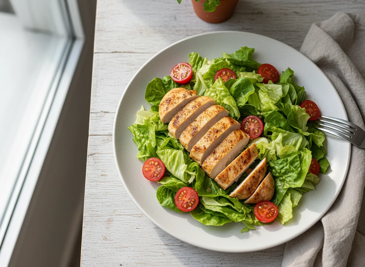 Salada de frango com alface e tomate cereja photo