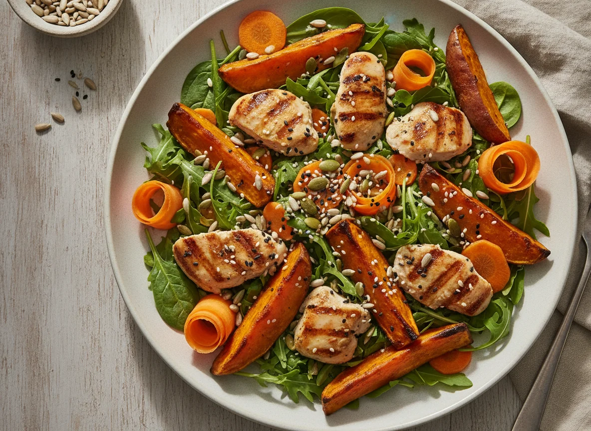 Salada de frango com batata doce, cenoura e sementes photo