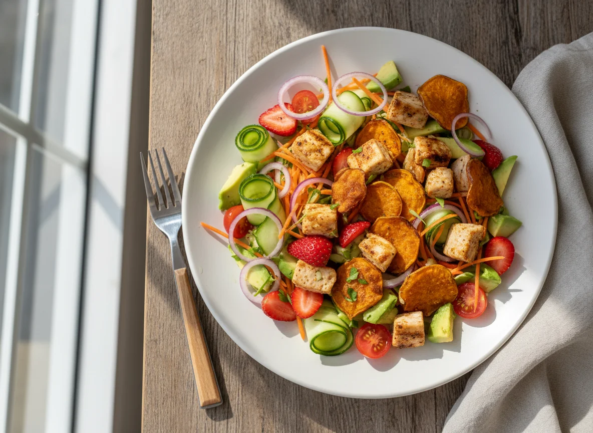 Salada de frango com batata doce e frutas photo