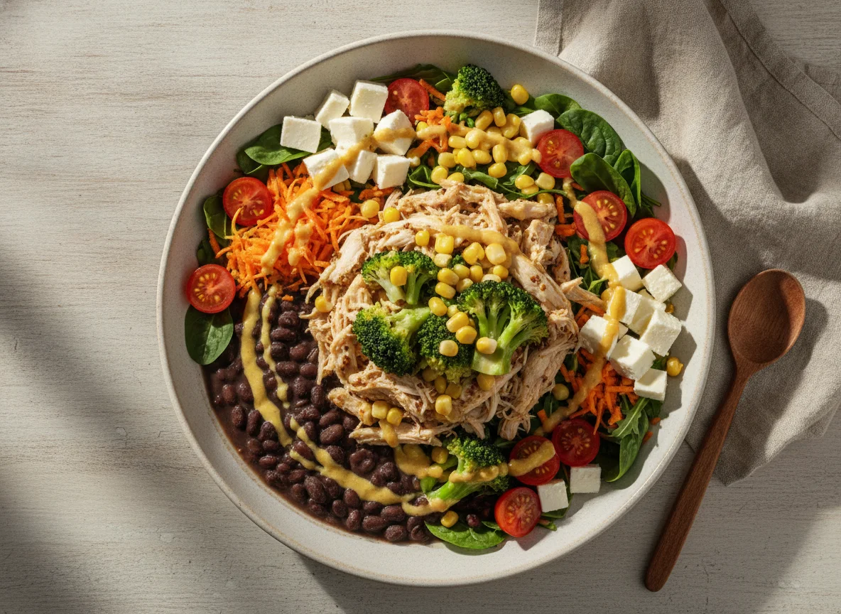 Salada de Frango com Brócolis e Caldo de Feijão photo