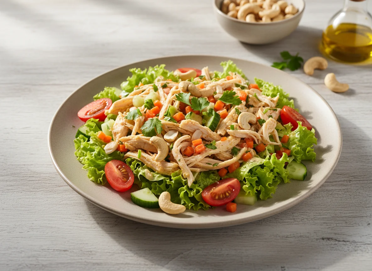 Salada de frango com castanhas e vegetais photo