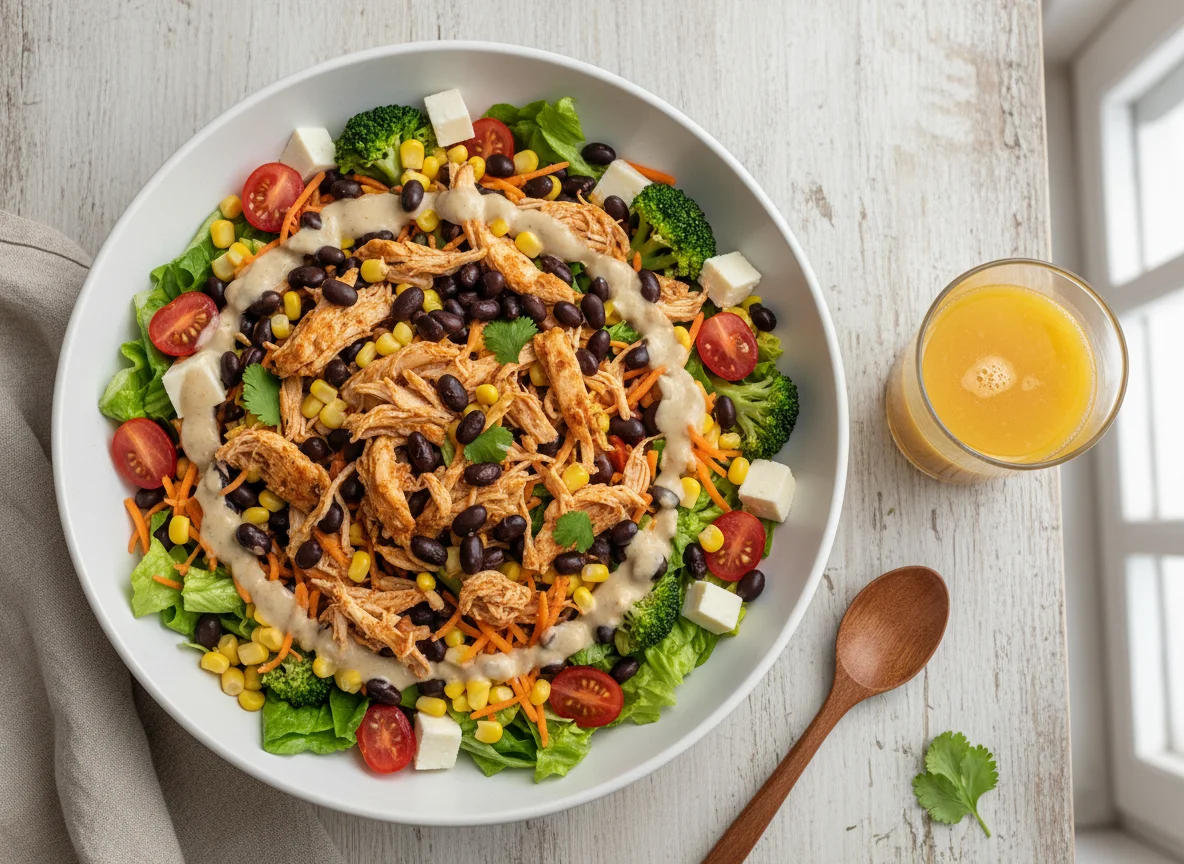 Salada de frango com feijão e suco photo