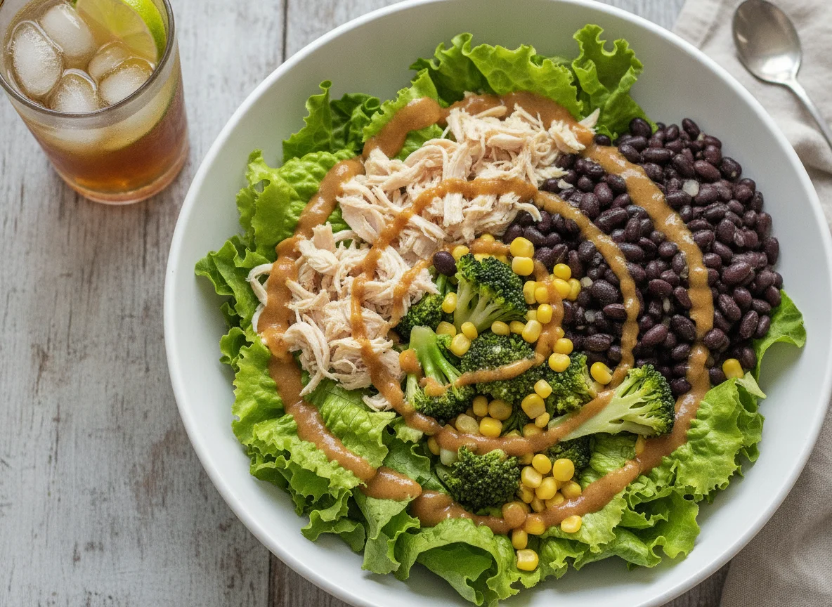 Salada de Frango com Feijão Preto e Chá Gelado photo