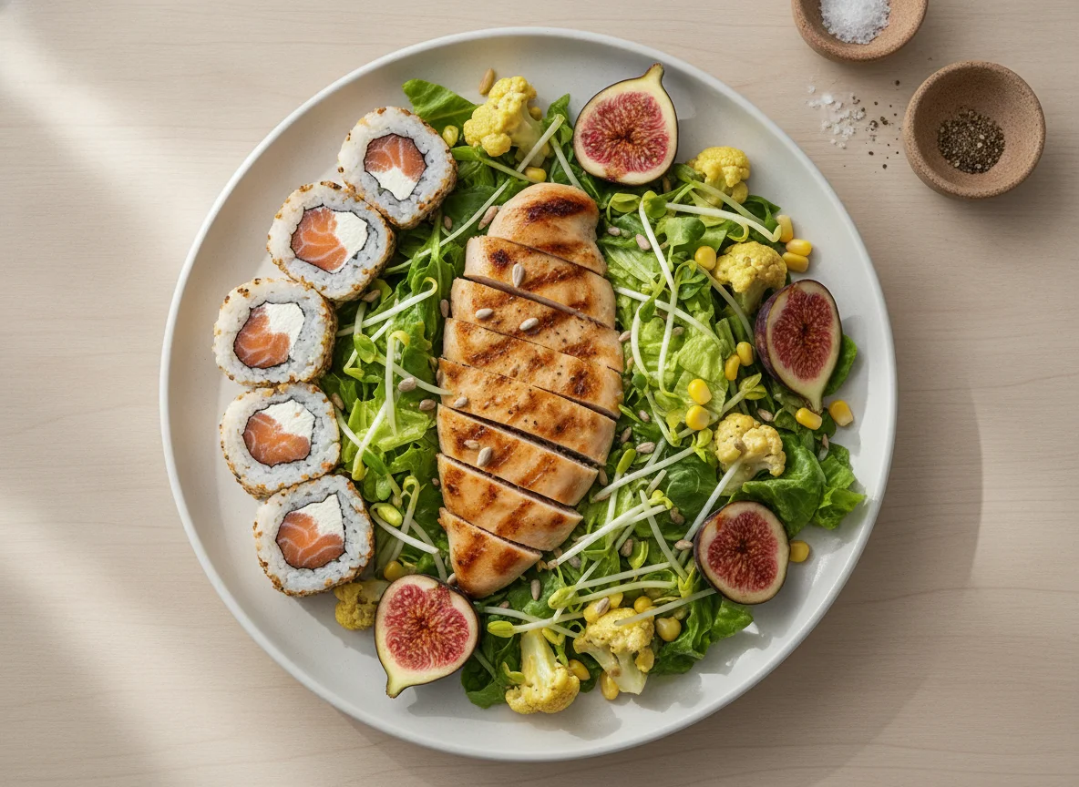 Salada de Frango com Figo e Sushi photo