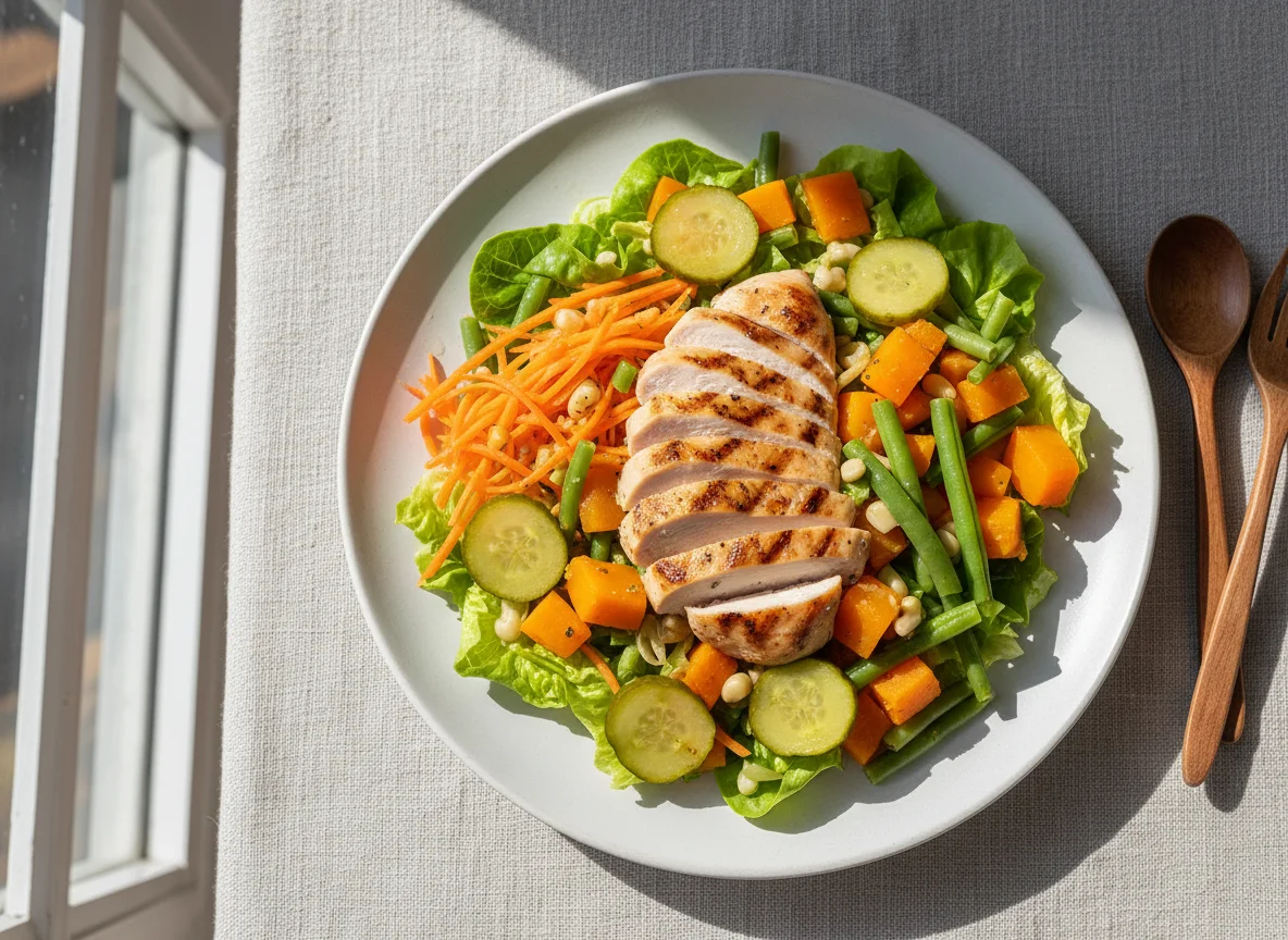 Salada de frango com legumes e picles photo