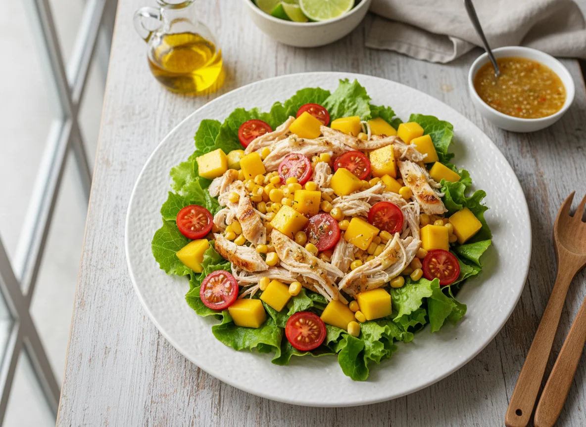Salada de frango com manga e milho photo