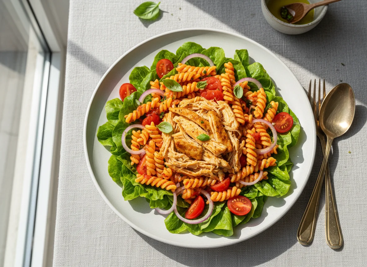 Salada de frango com massa e vegetais photo