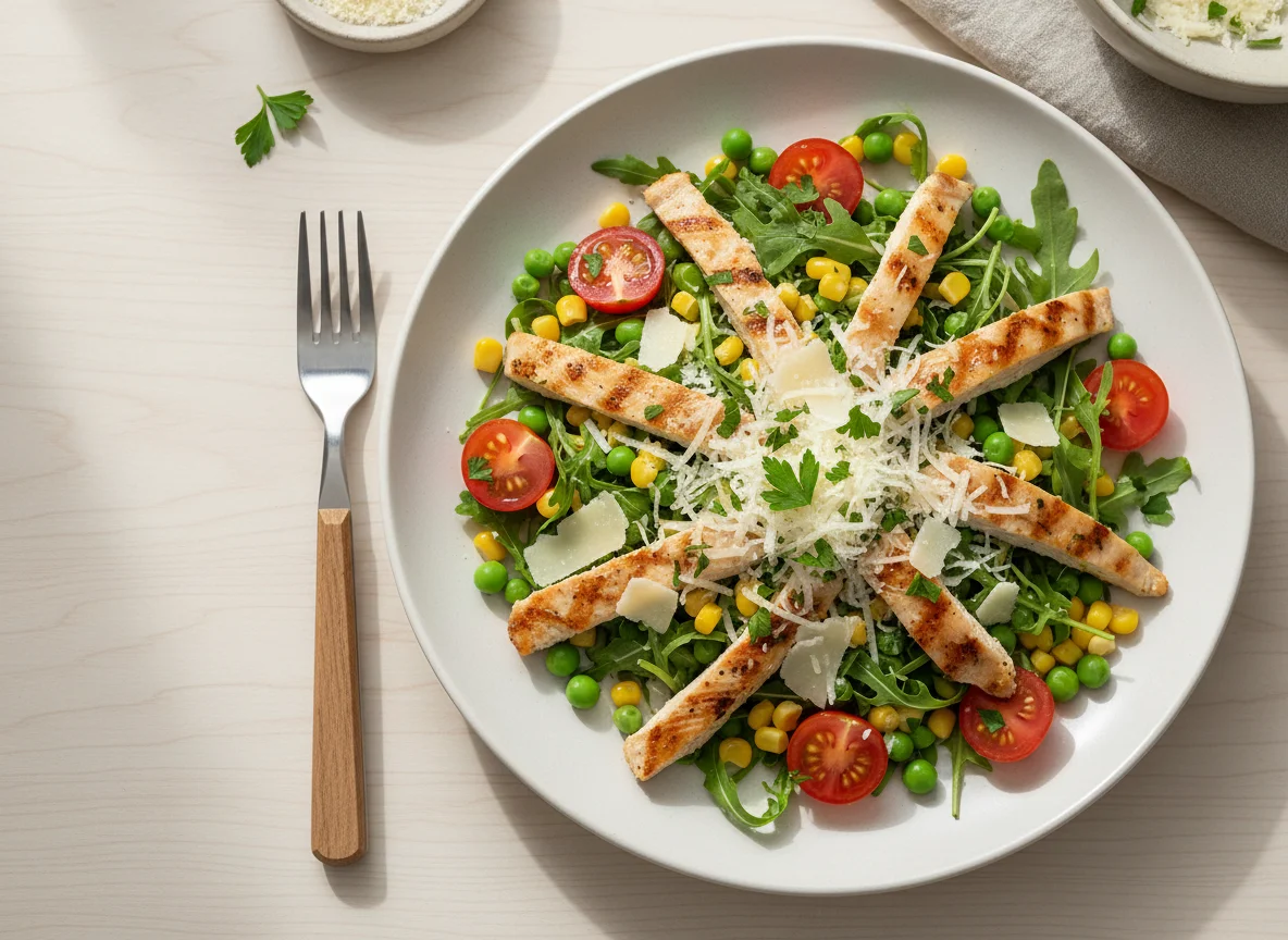 Salada de frango com milho e ervilha photo