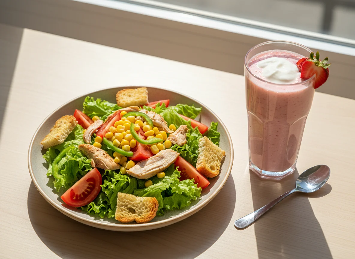 Salada de frango com torrada e shake de whey photo