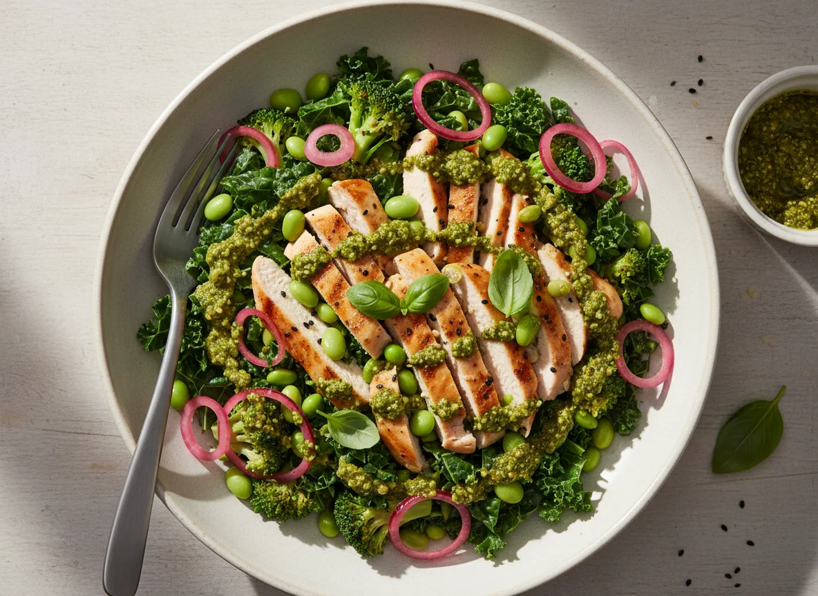 Salada de frango com vegetais e molho pesto photo