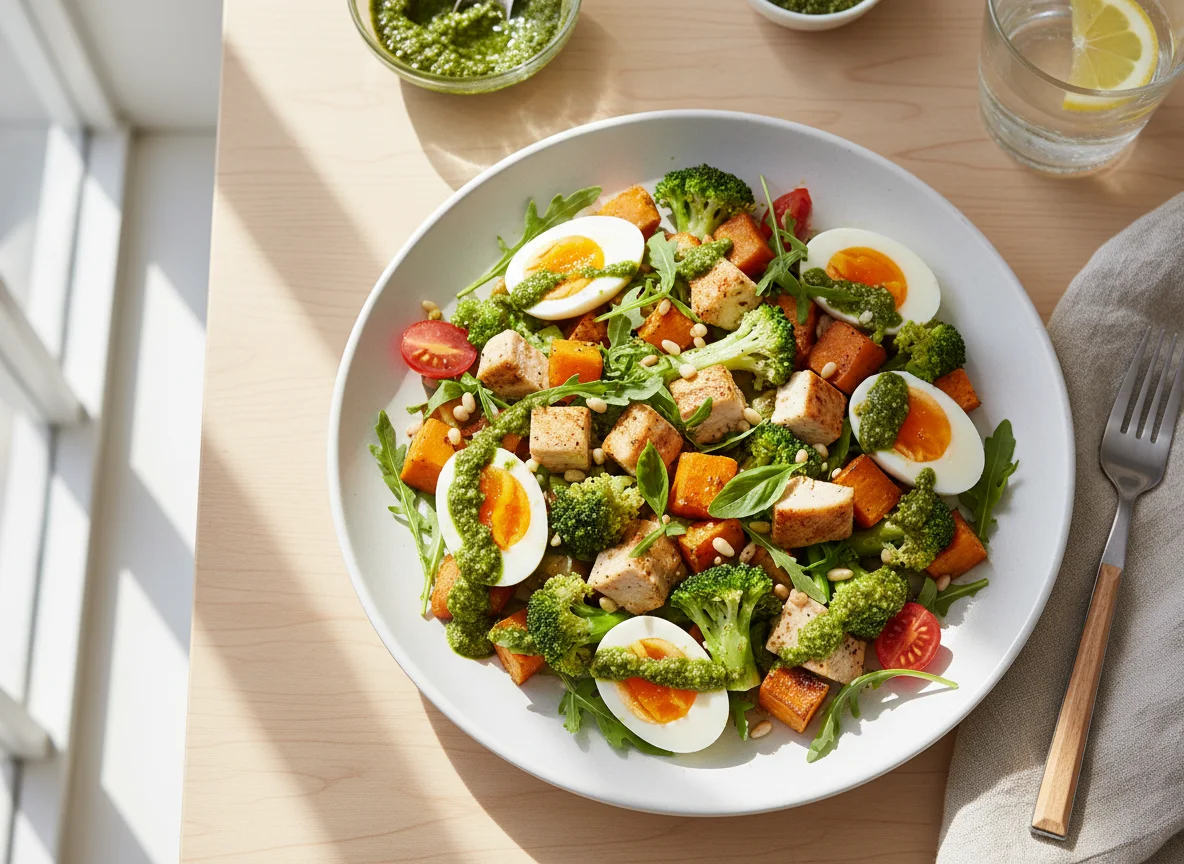 Salada de frango com vegetais e ovo photo