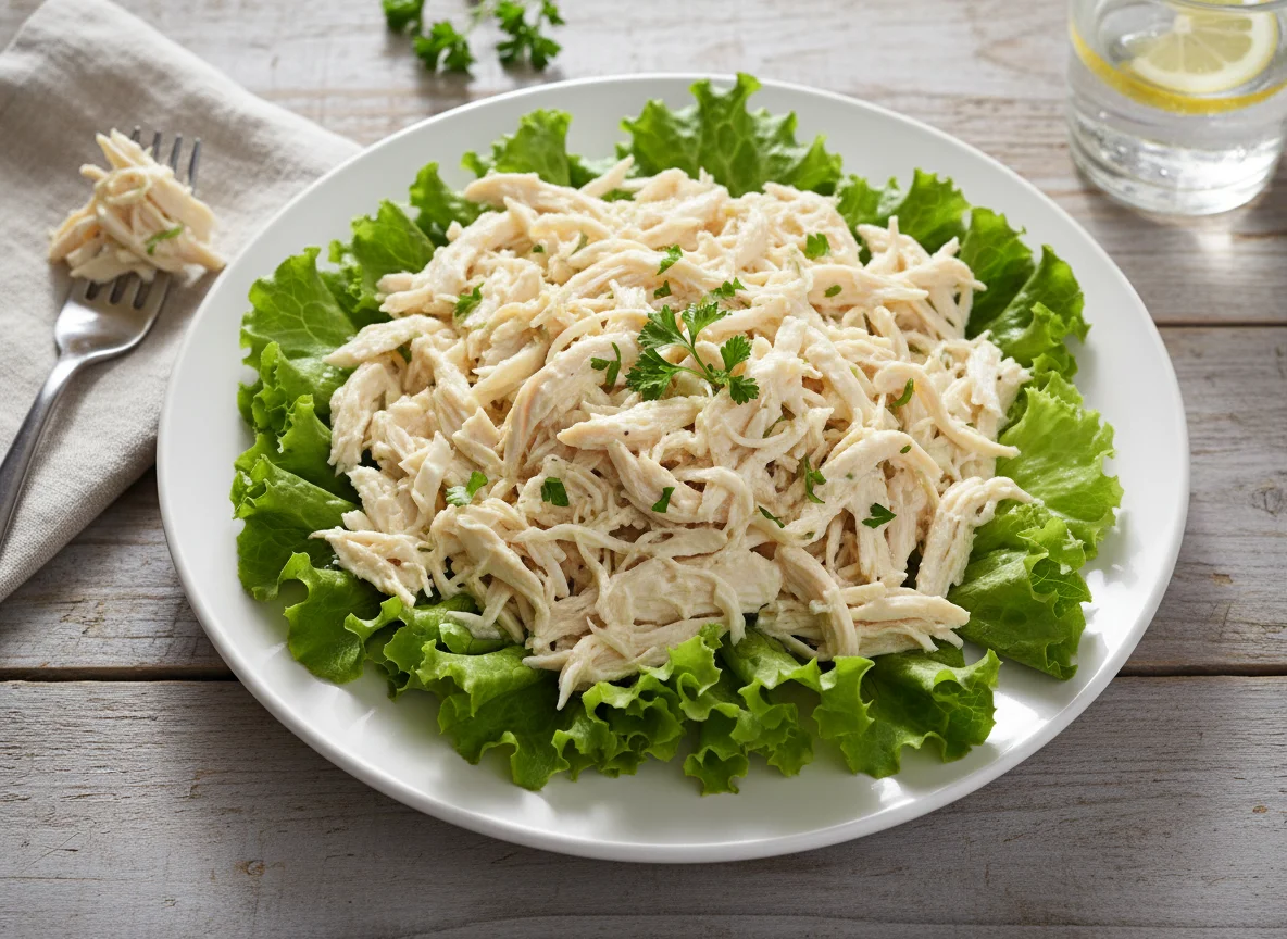Salada de frango desfiado com alface photo