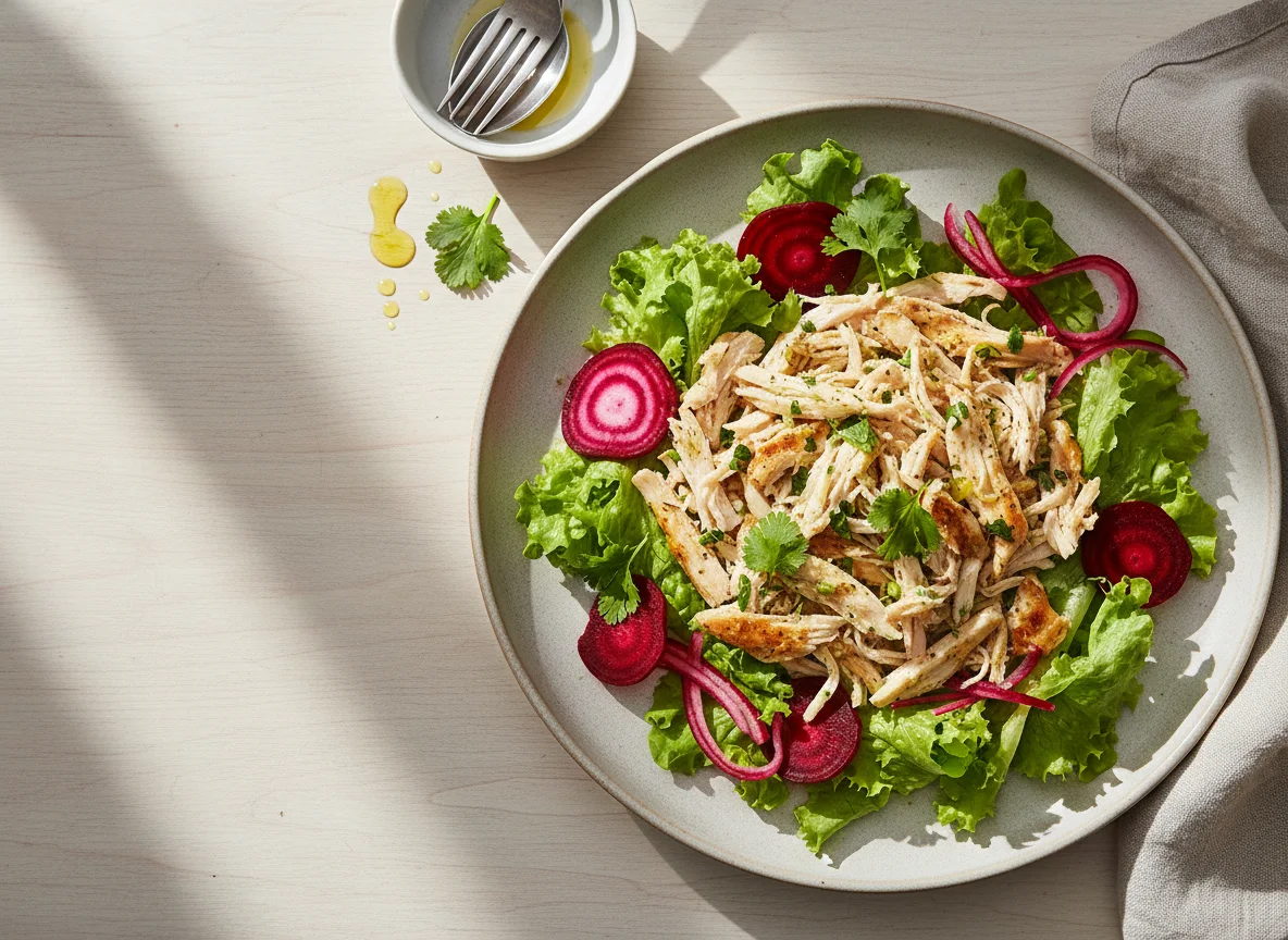 Salada de frango desfiado com alface e beterraba photo