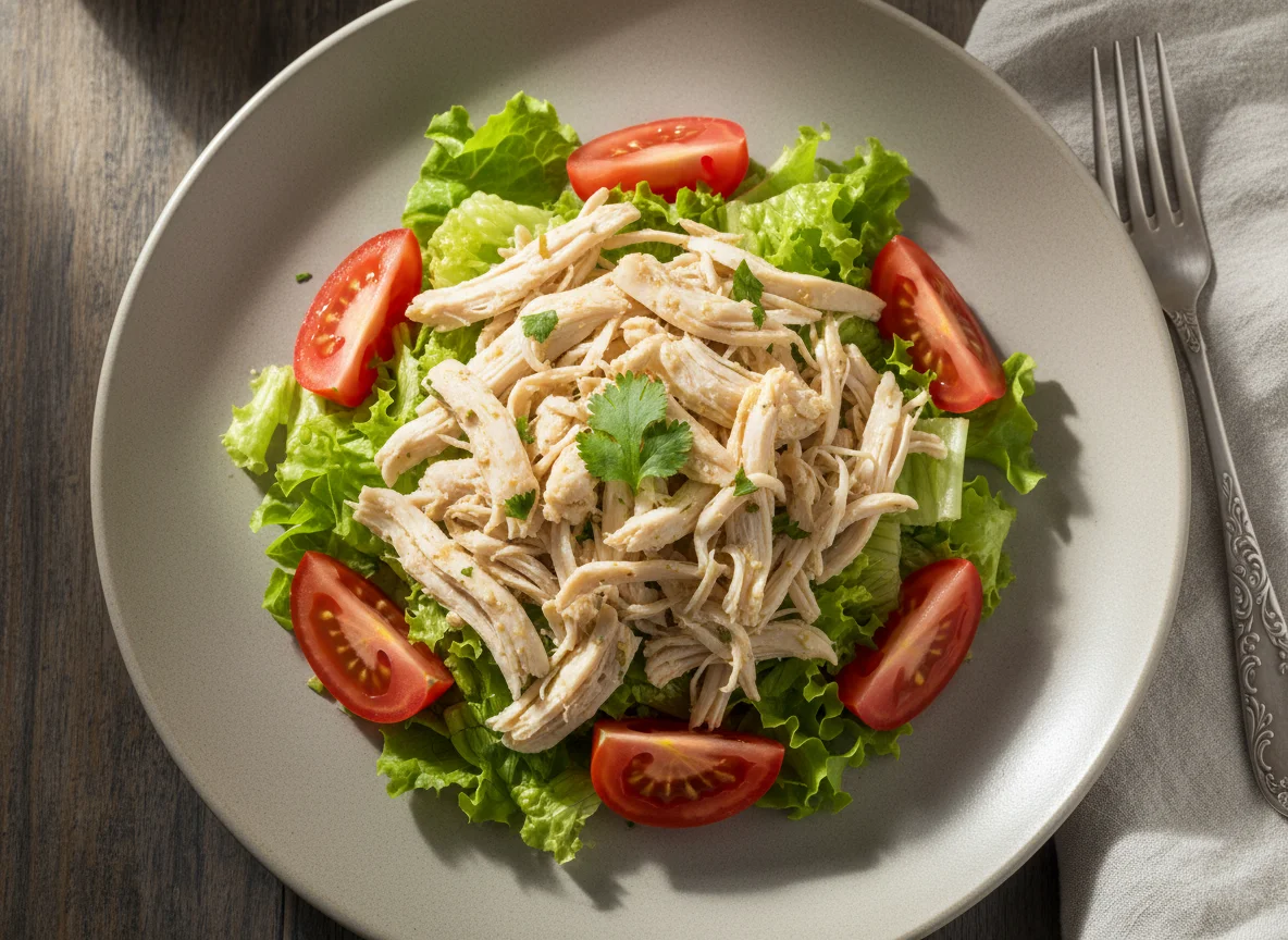 Salada de frango desfiado com alface e tomate photo