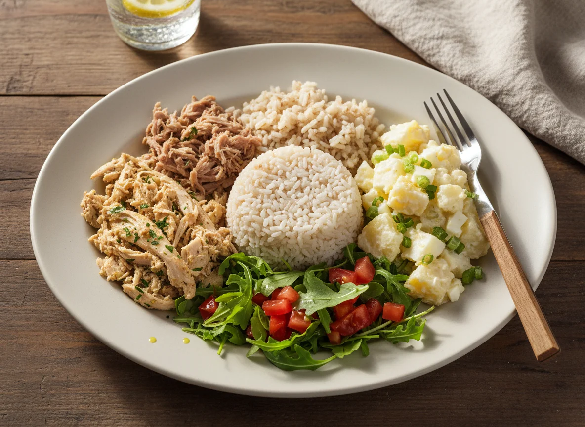 Salada de frango desfiado com arroz integral e salada de batata photo