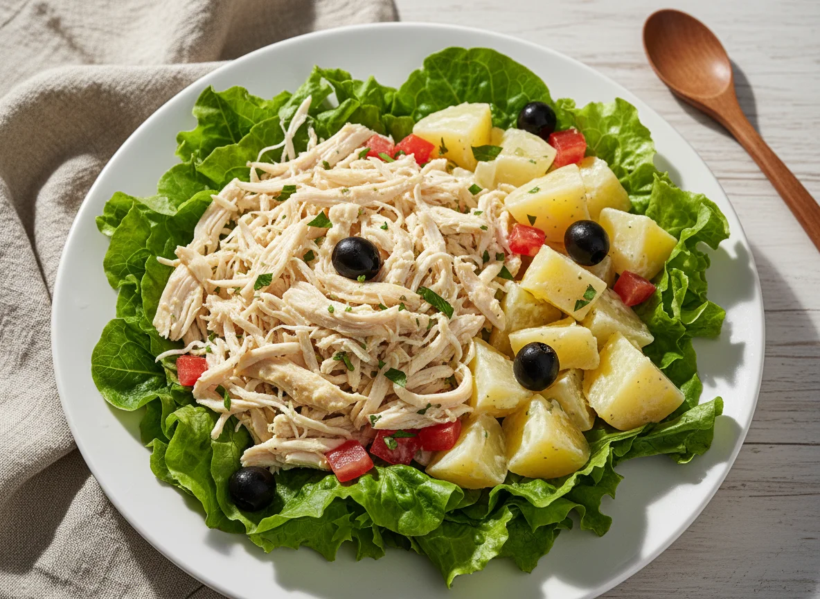 Salada de frango desfiado com batata e alface photo