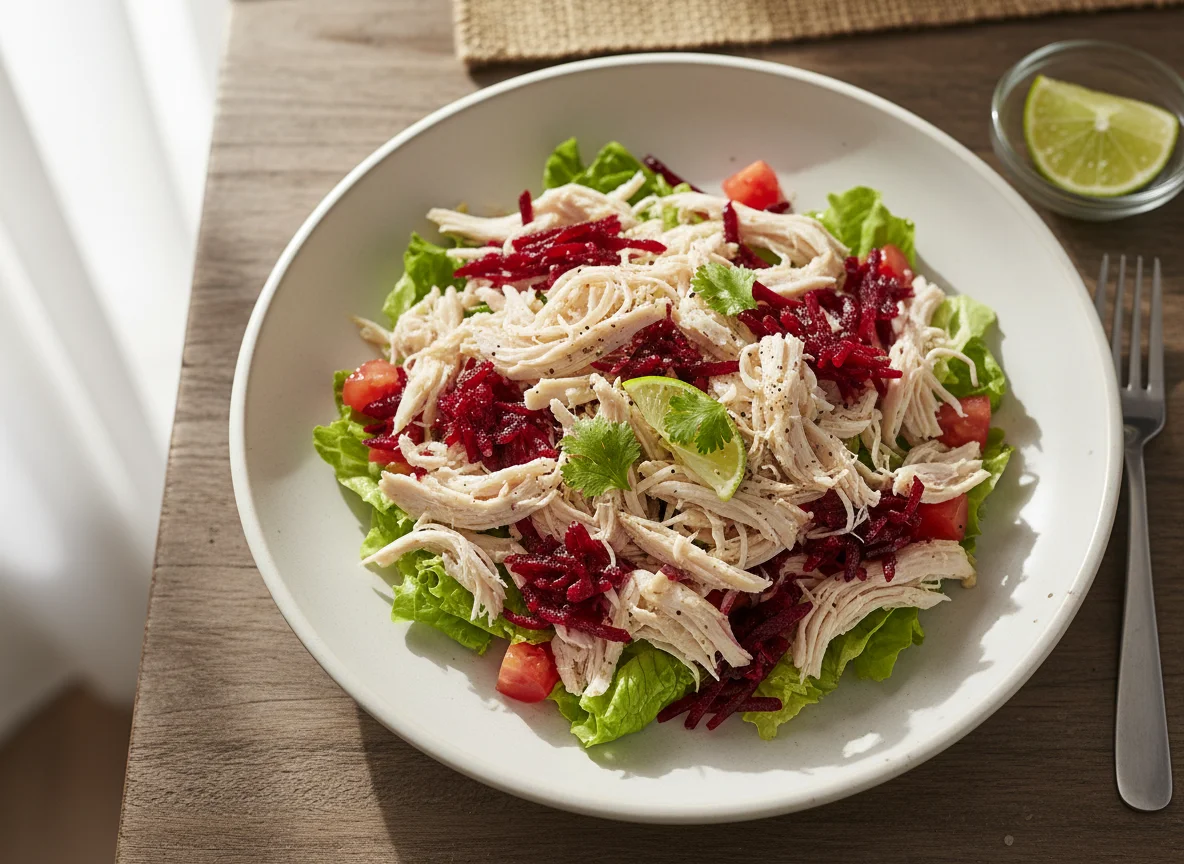 Salada de frango desfiado com beterraba, alface e tomate photo