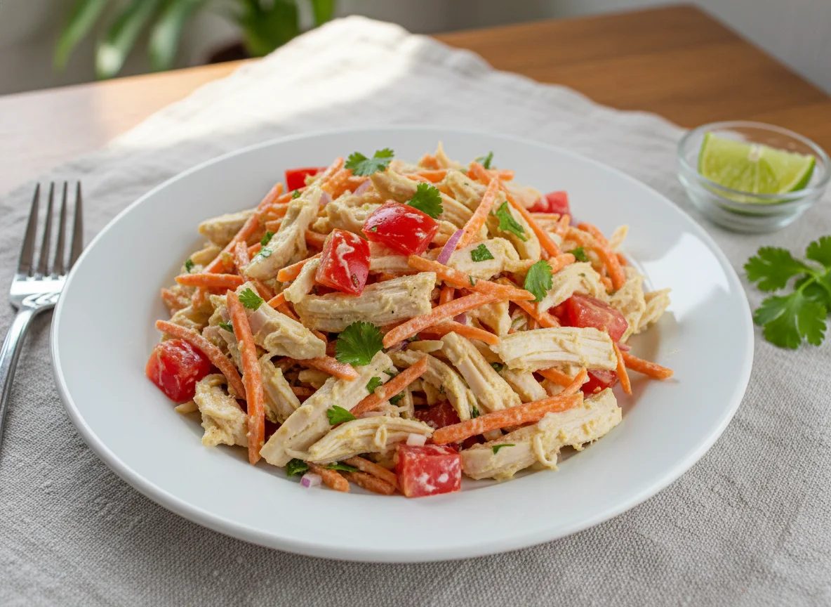 Salada de frango desfiado com cenoura e tomate photo