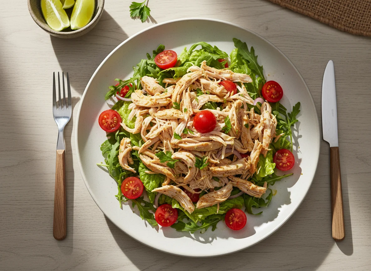 Salada de frango desfiado com folhas e tomate cereja photo