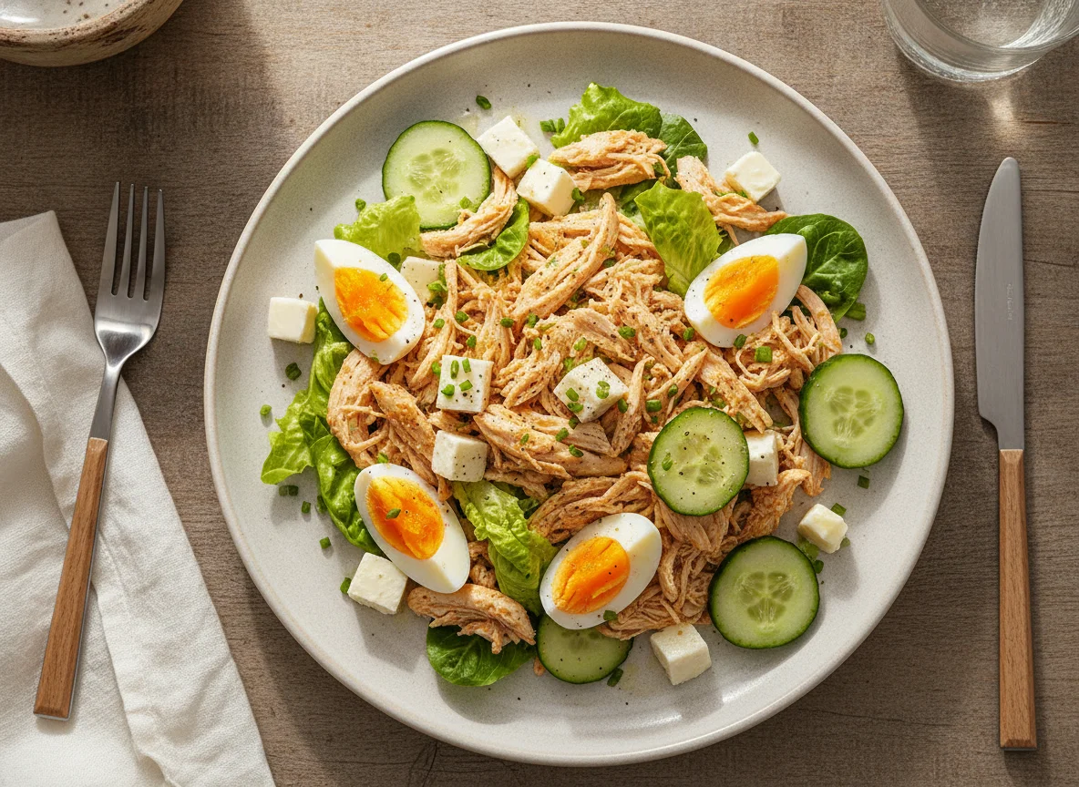 Salada de frango desfiado com ovo e mozarela light photo