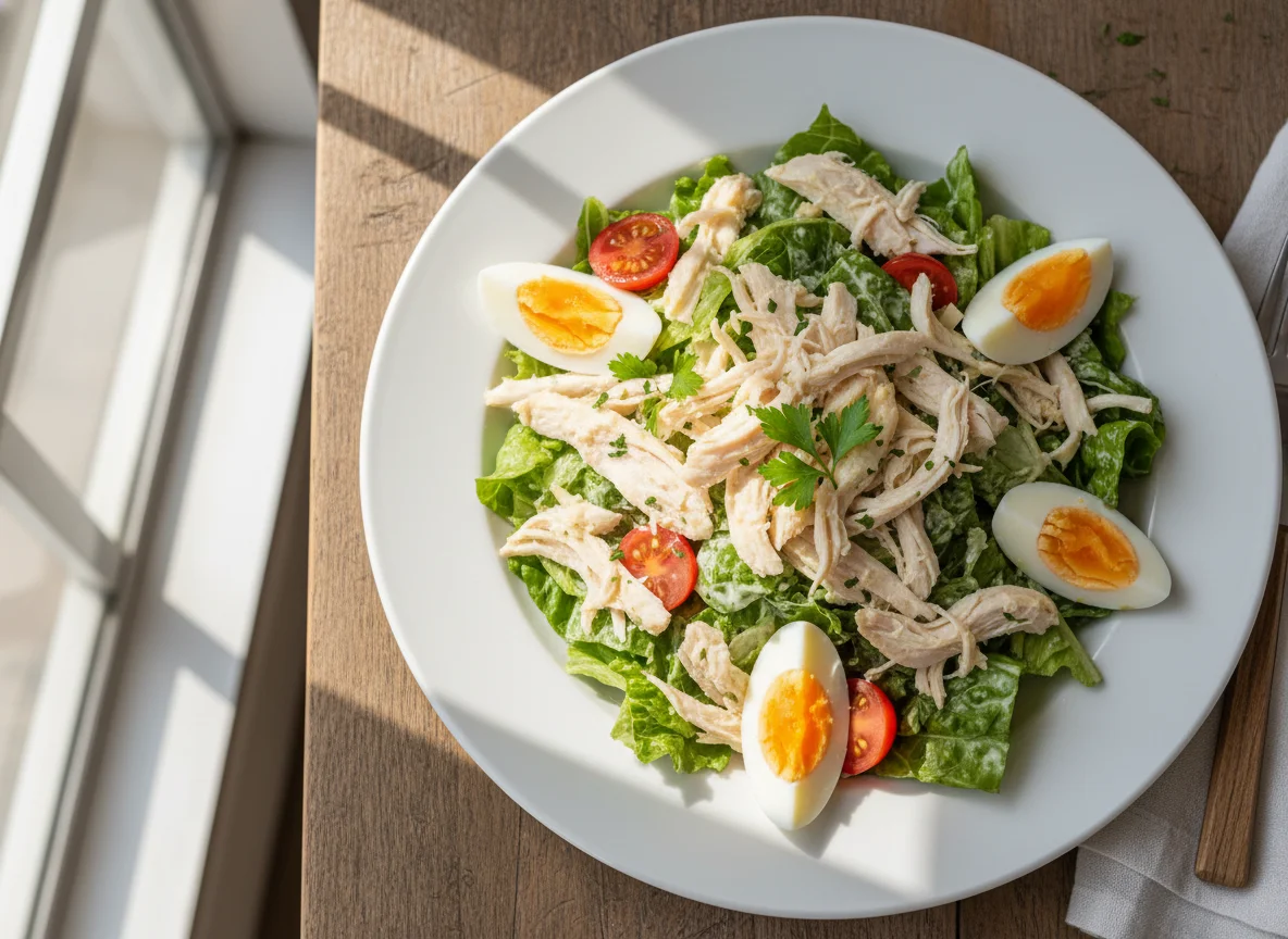 Salada de frango desfiado com ovos cozidos photo
