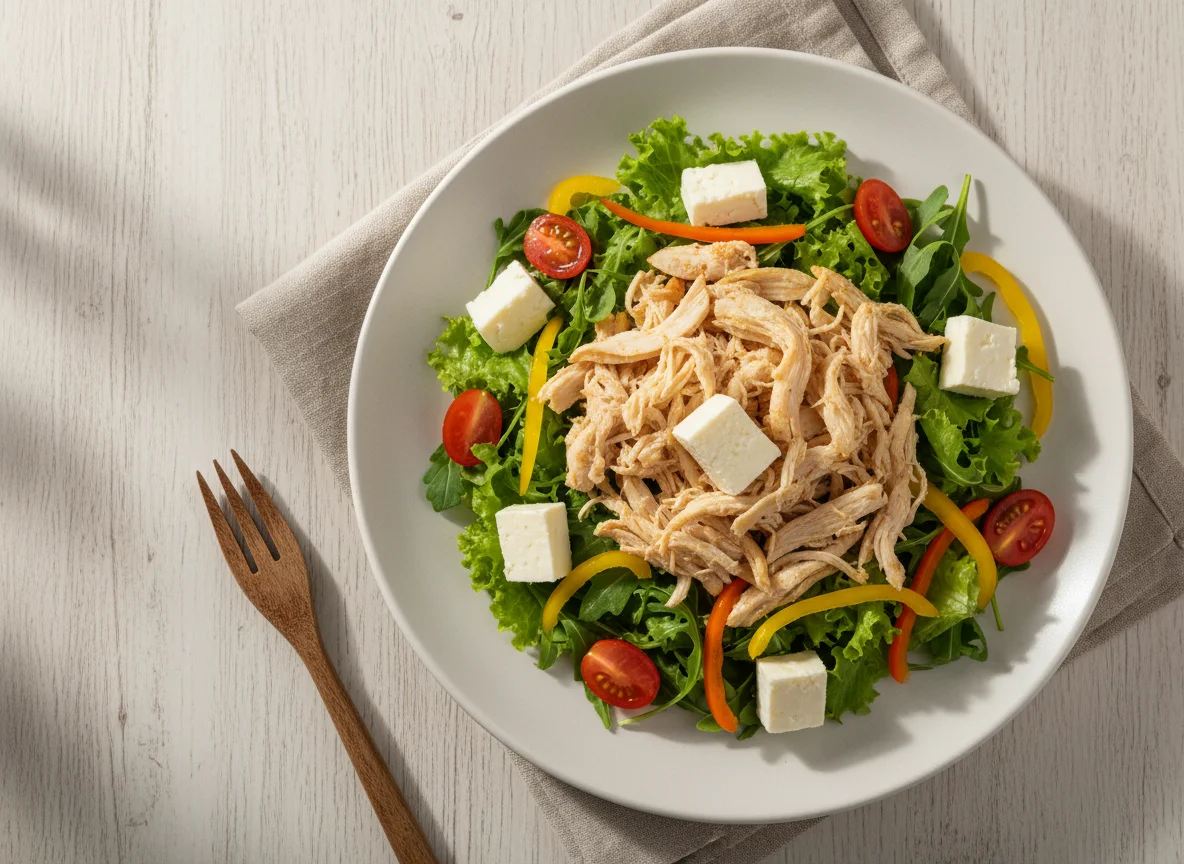 Salada de frango desfiado com queijo e vegetais photo