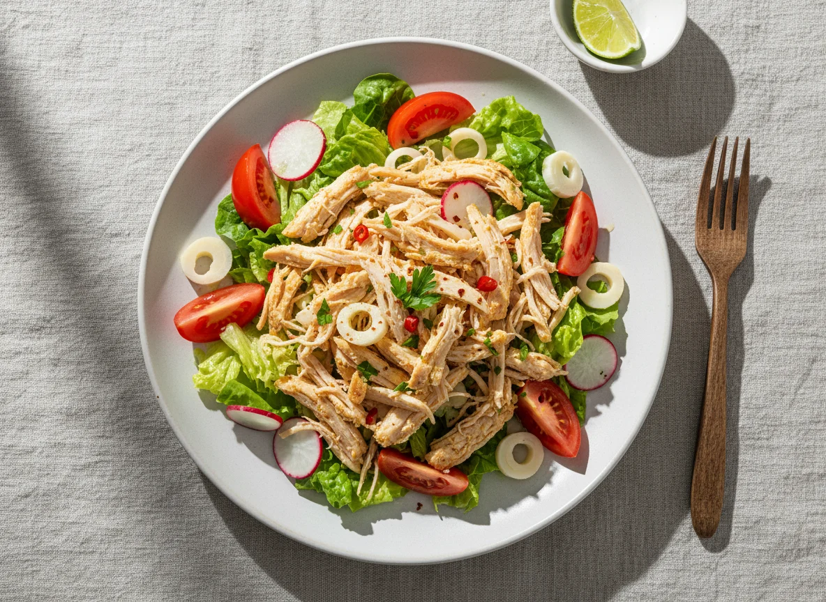 Salada de frango desfiado com vegetais photo