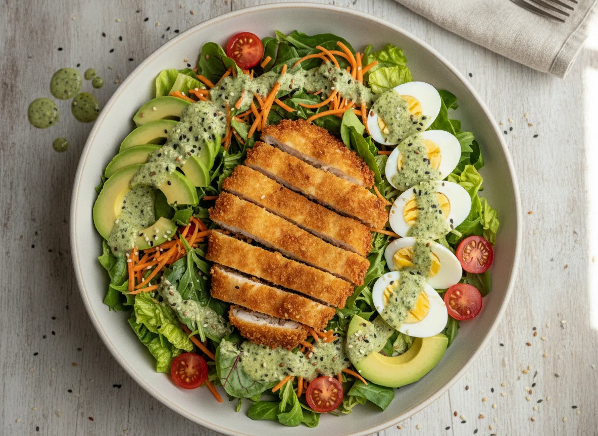 Salada de Frango Empanado com Abacate e Ovo photo