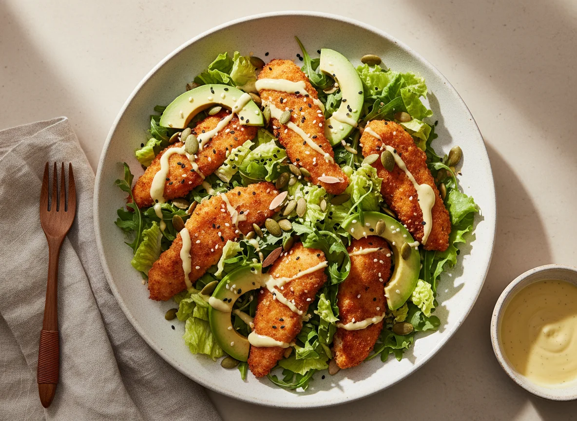 Salada de frango empanado com abacate e sementes photo