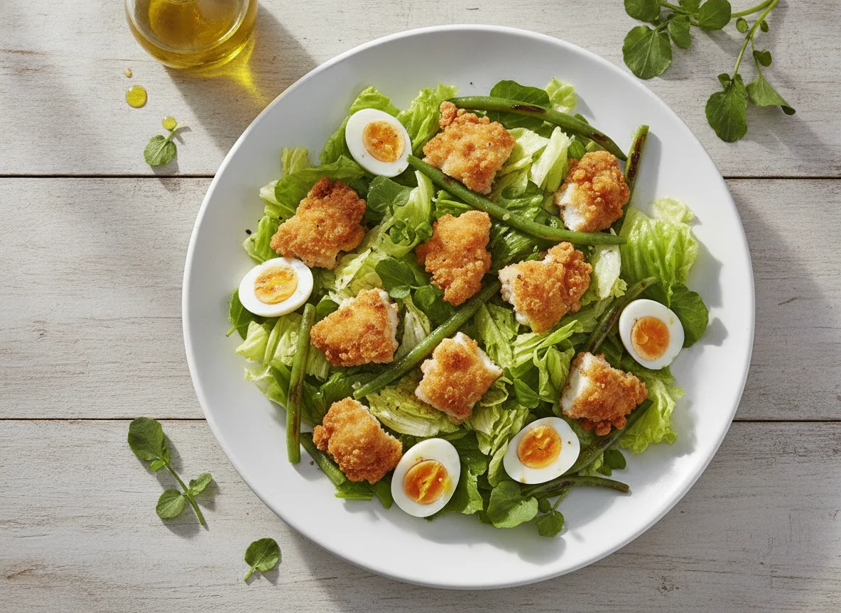 Salada de Frango Empanado com Folhas e Ovos de Codorna photo