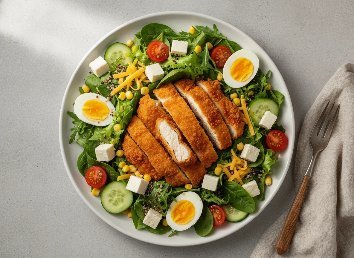 Salada de Frango Empanado com Queijo e Vegetais photo